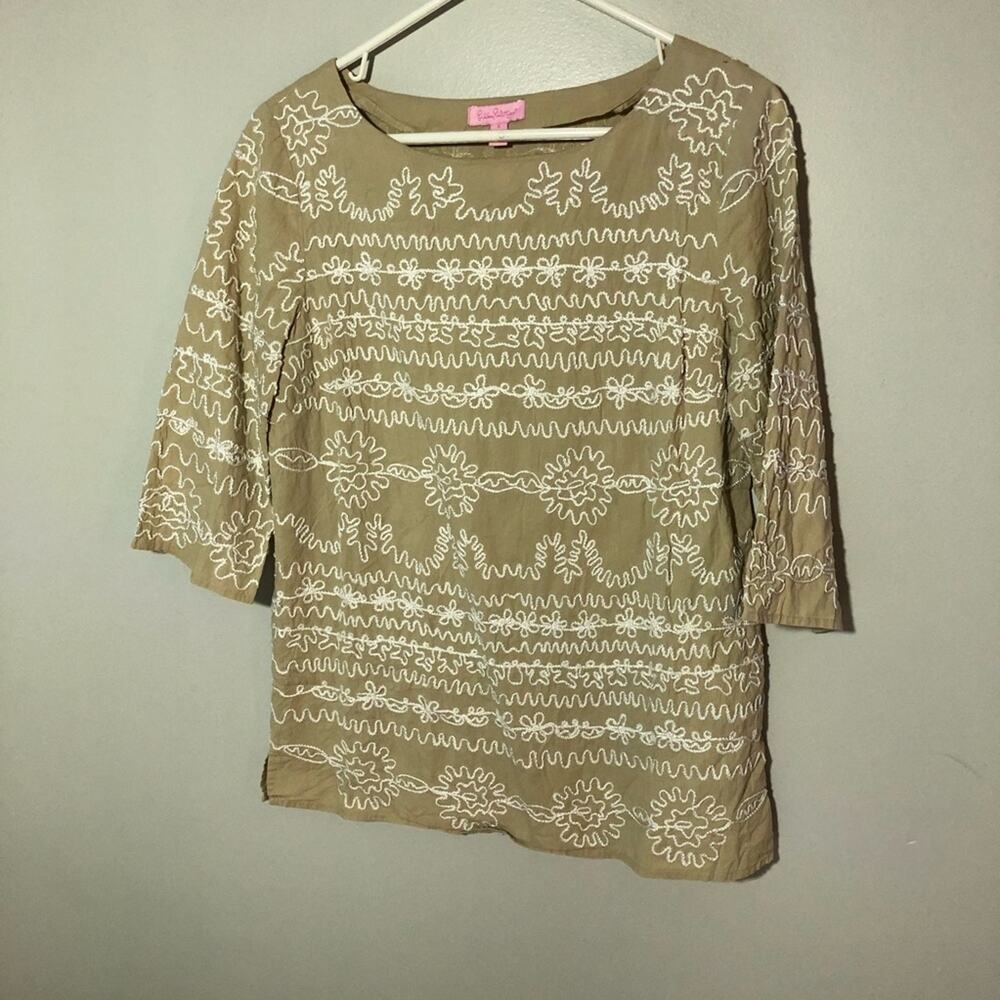 Lilly Pulitzer Yazmine Embroidered Tunic Top womens 6 beige tan neutral cotton